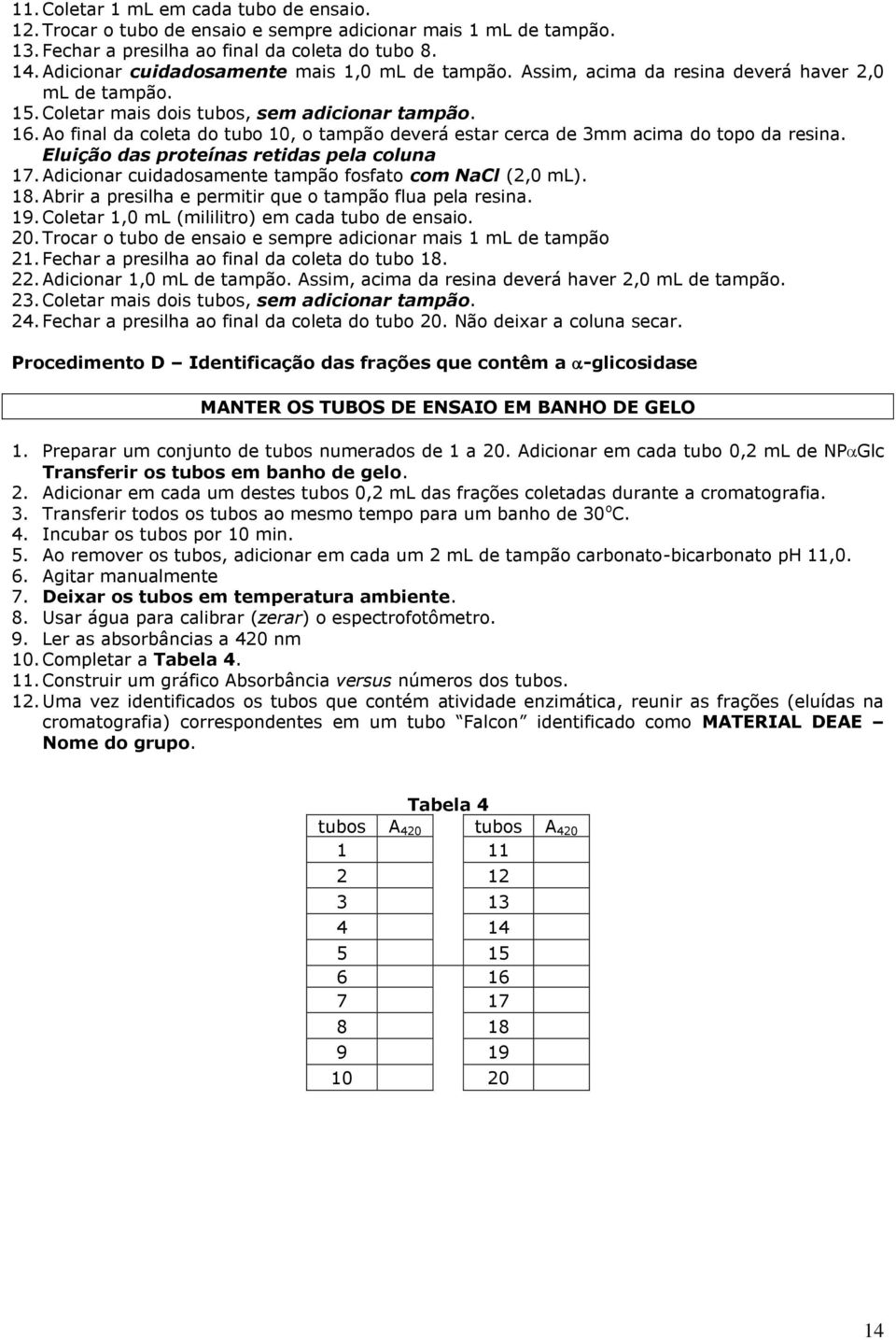 Ao final da coleta do tubo 10, o tampão deverá estar cerca de 3mm acima do topo da resina. Eluição das proteínas retidas pela coluna 17. Adicionar cuidadosamente tampão fosfato com NaCl (2,0 ml). 18.