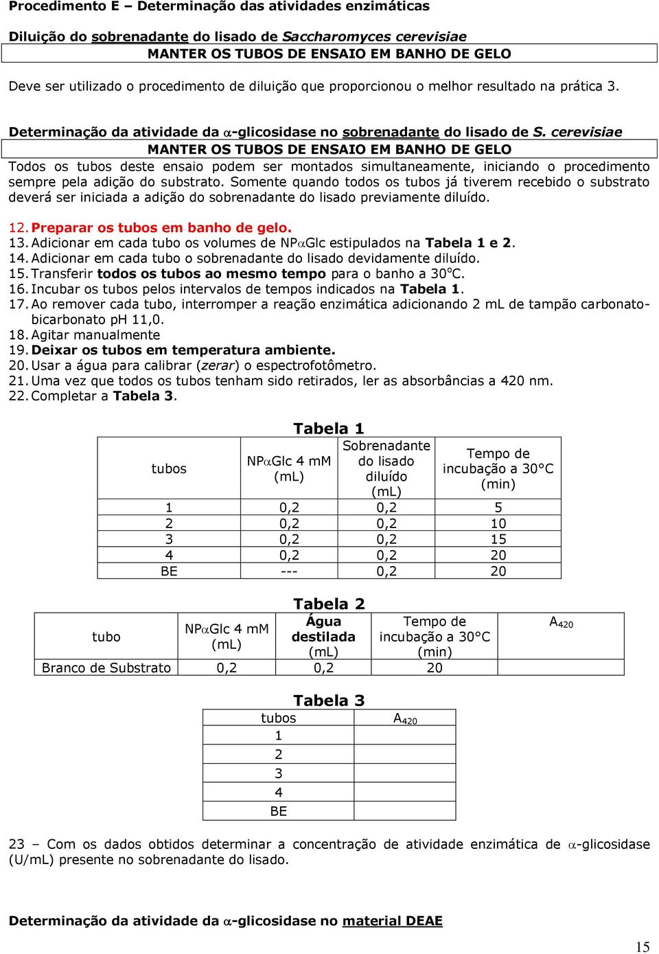 cerevisiae MANTER OS TUBOS DE ENSAIO EM BANHO DE GELO Todos os tubos deste ensaio podem ser montados simultaneamente, iniciando o procedimento sempre pela adição do substrato.