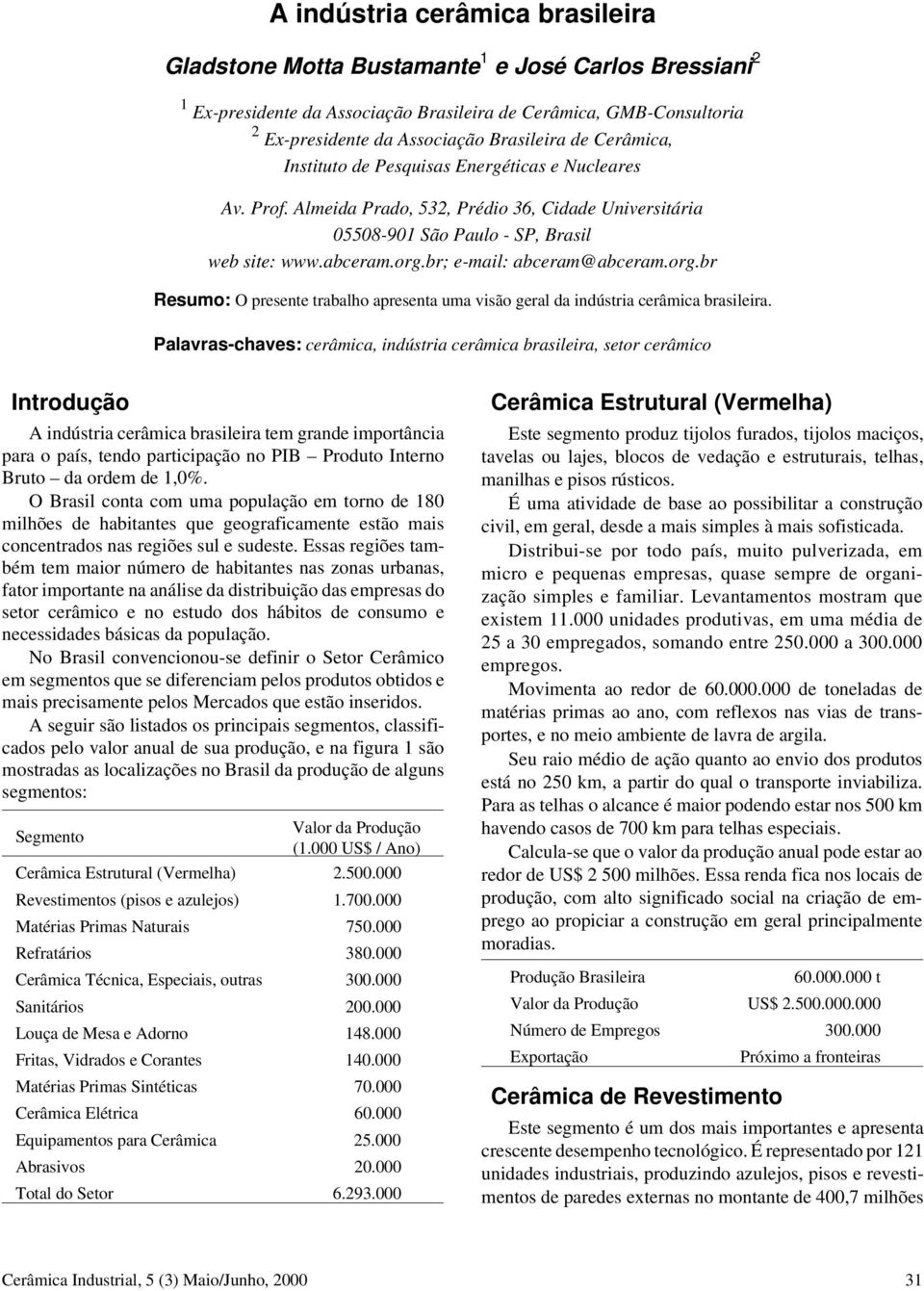 br; e-mail: abceram@abceram.org.br Resumo: O presente trabalho apresenta uma visão geral da indústria cerâmica brasileira.