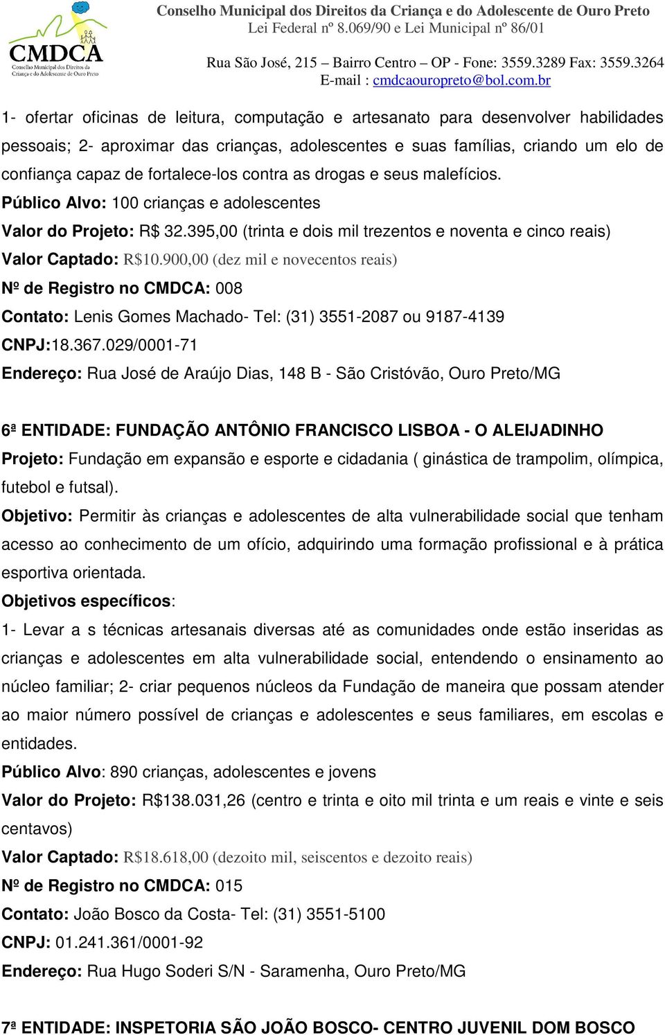 900,00 (dez mil e novecentos reais) Nº de Registro no CMDCA: 008 Contato: Lenis Gomes Machado- Tel: (31) 3551-2087 ou 9187-4139 CNPJ:18.367.