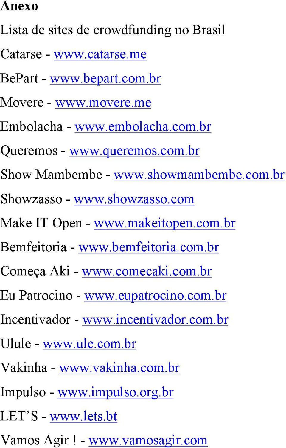 makeitopen.com.br Bemfeitoria - www.bemfeitoria.com.br Começa Aki - www.comecaki.com.br Eu Patrocino - www.eupatrocino.com.br Incentivador - www.