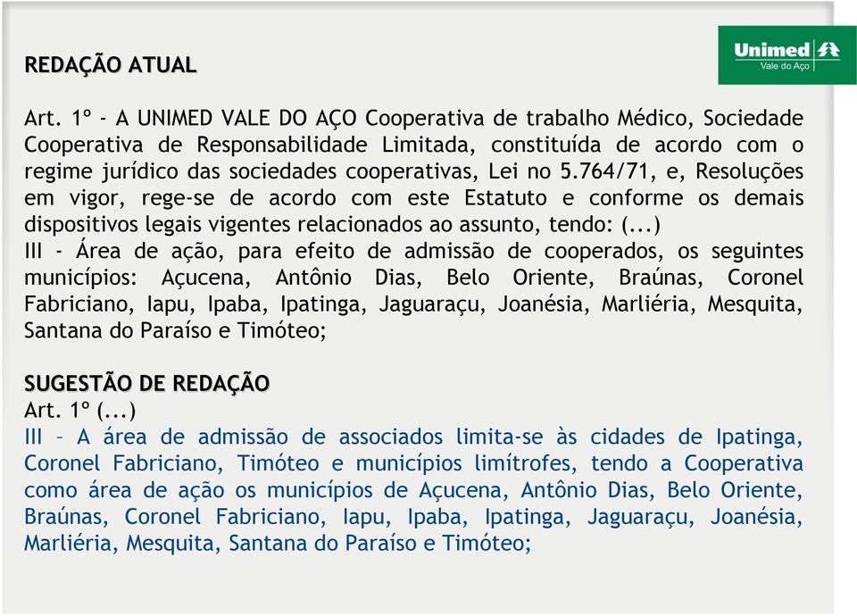 ..) III - Área de ação, para efeito de admissão de cooperados, os seguintes municípios: Açucena, Antônio Dias, Belo Oriente, Braúnas, Coronel Fabriciano, Iapu, Ipaba, Ipatinga, Jaguaraçu, Joanésia,