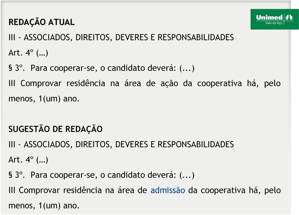 ..) III Comprovar residência na área de ação da cooperativa há, pelo menos, 1(um) ano.