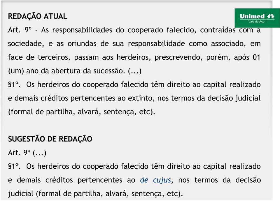 Os herdeiros do cooperado falecido têm direito ao capital realizado e demais créditos pertencentes ao extinto, nos termos da decisão judicial (formal de