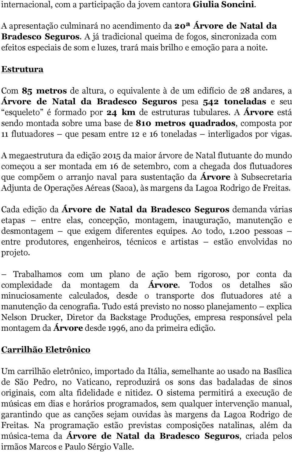 Estrutura Com 85 metros de altura, o equivalente à de um edifício de 28 andares, a Árvore de Natal da Bradesco Seguros pesa 542 toneladas e seu esqueleto é formado por 24 km de estruturas tubulares.