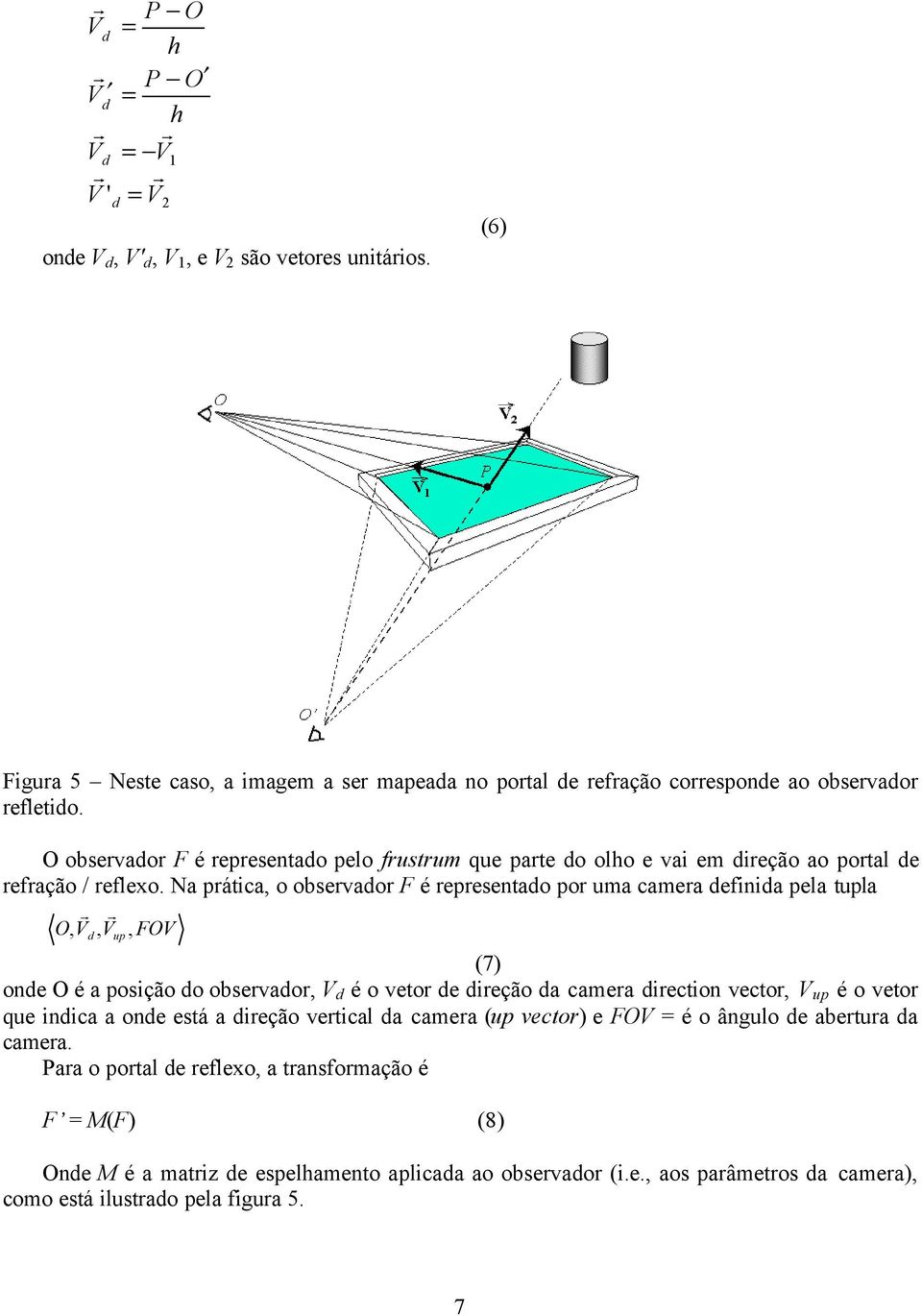 O observador F é representado pelo frustrum que parte do olho e vai em direção ao portal de refração / reflexo.