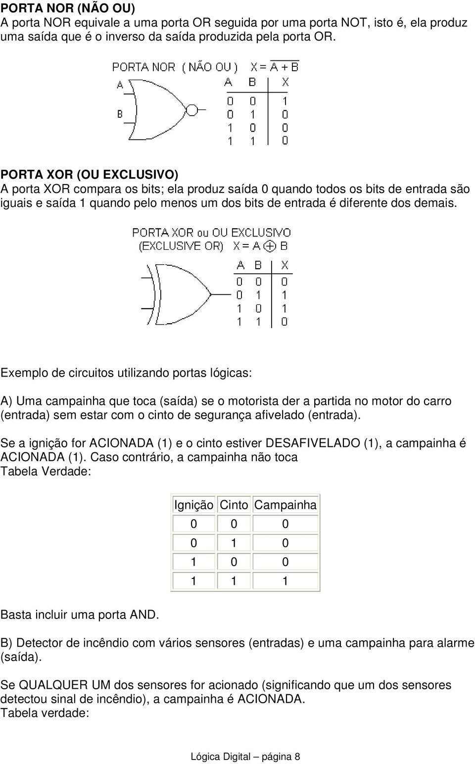 Exemplo de circuitos utilizando portas lógicas: A) Uma campainha que toca (saída) se o motorista der a partida no motor do carro (entrada) sem estar com o cinto de segurança afivelado (entrada).