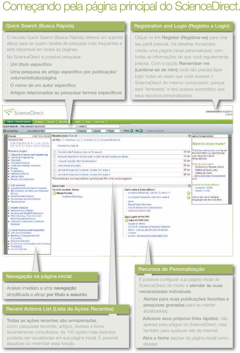 No ScienceDirect é possível pesquisar: Um título específico Uma pesquisa de artigo específico por publicação/ volume/edição/página O nome de um autor específico Artigos relacionados ao pesquisar