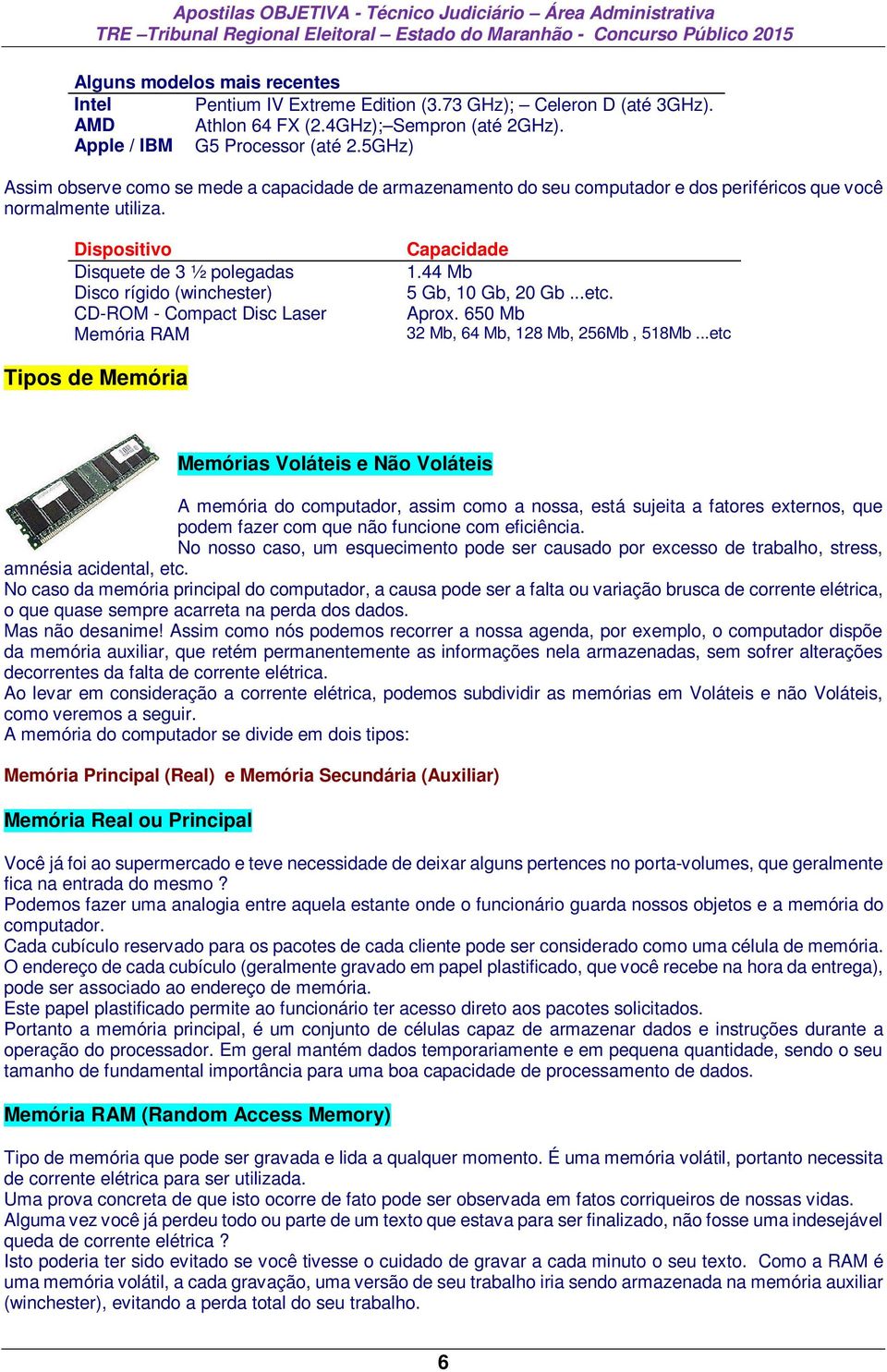 Dispositivo Disquete de 3 ½ polegadas Disco rígido (winchester) CD-ROM - Compact Disc Laser Memória RAM Capacidade 1.44 Mb 5 Gb, 10 Gb, 20 Gb...etc. Aprox. 650 Mb 32 Mb, 64 Mb, 128 Mb, 256Mb, 518Mb.