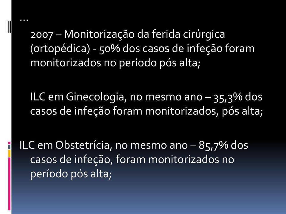 ano 35,3% dos casos de infeção foram monitorizados, pós alta; ILC em