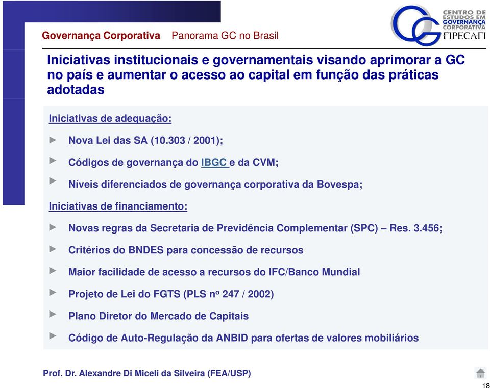 303 / 2001); Códigos de governança do IBGC e da CVM; Níveis diferenciados de governança corporativa da Bovespa; Iniciativas de financiamento: Novas regras da Secretaria de