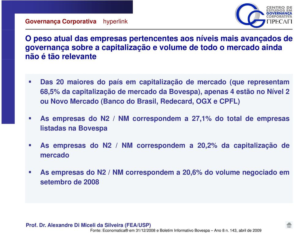 Brasil, Redecard, OGX e CPFL) As empresas do N2 / NM correspondem a 27,1% do total de empresas listadas na Bovespa As empresas do N2 / NM correspondem a 20,2% da capitalização de