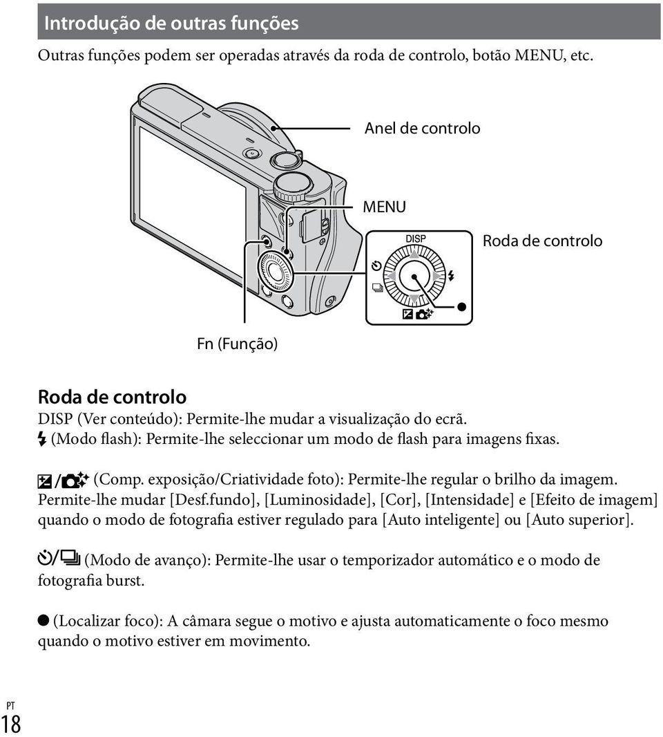 (Modo flash): Permite-lhe seleccionar um modo de flash para imagens fixas. (Comp. exposição/criatividade foto): Permite-lhe regular o brilho da imagem. Permite-lhe mudar [Desf.