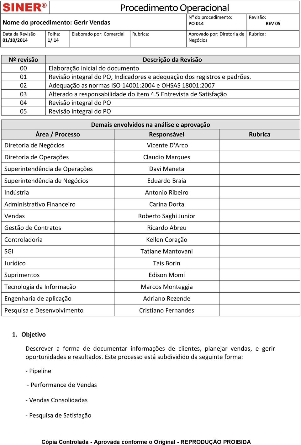 5 Entrevista de Satisfação 04 Revisão integral do PO 05 Revisão integral do PO Diretoria de Demais envolvidos na análise e aprovação Área / Processo Responsável Rubrica Diretoria de Operações