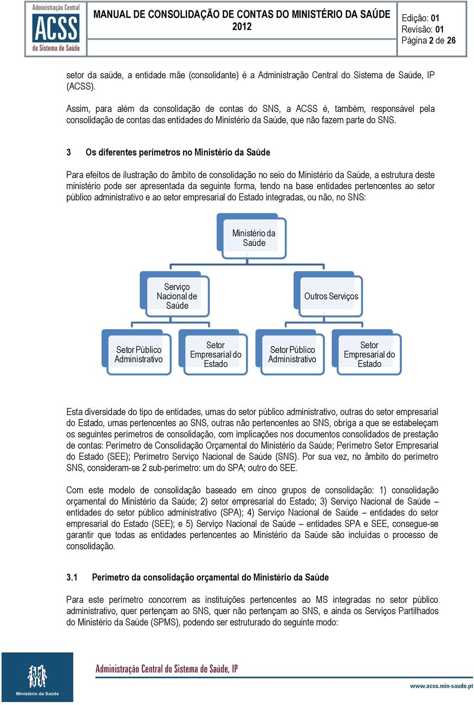 3 Os diferentes perímetros no Ministério da Saúde Para efeitos de ilustração do âmbito de consolidação no seio do Ministério da Saúde, a estrutura deste ministério pode ser apresentada da seguinte