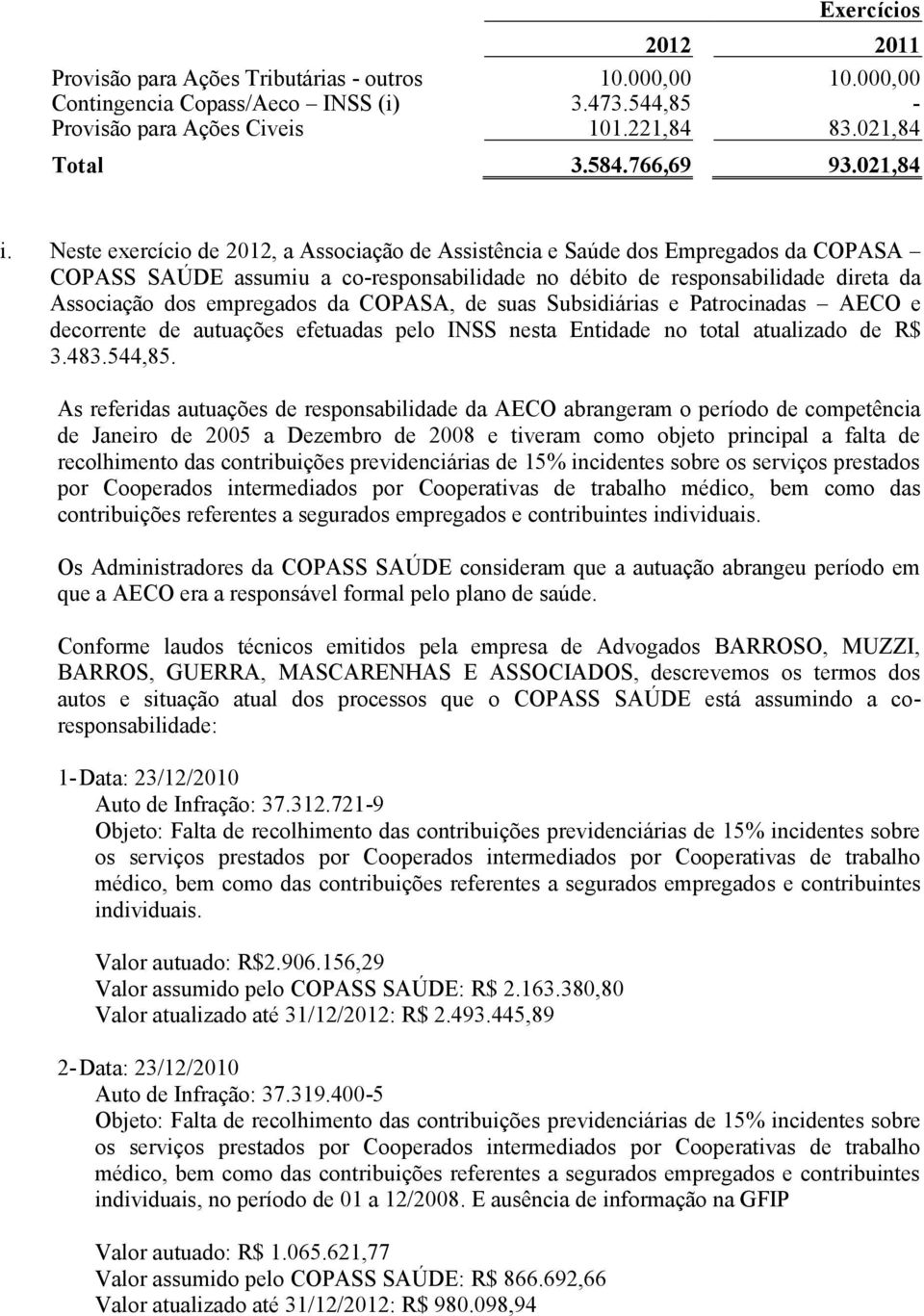 COPASA, de suas Subsidiárias e Patrocinadas AECO e decorrente de autuações efetuadas pelo INSS nesta Entidade no total atualizado de R$ 3.483.544,85.