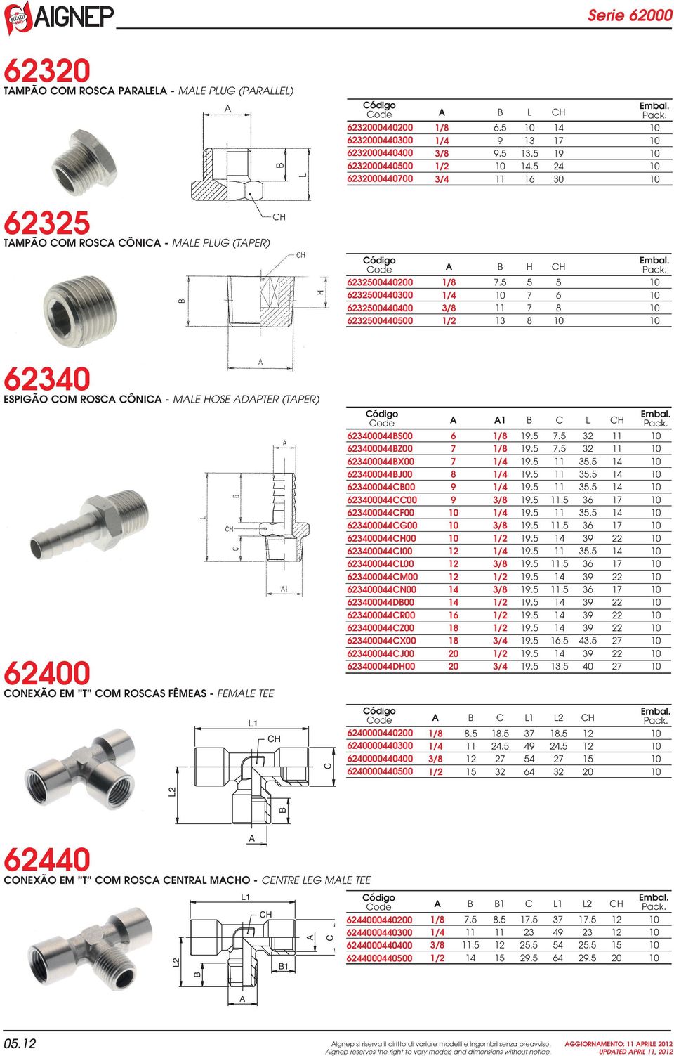 5 5 5 10 1/4 10 7 6 10 3/8 11 7 8 10 1/2 13 8 10 10 62340 ESPIGÃO OM ROS ÔNI - ME HOSE DPTER (TPER) 62400 ONEXÃO EM T OM ROSS FÊMES - FEME TEE 1 H 623400044S00 623400044Z00 623400044X00 623400044J00