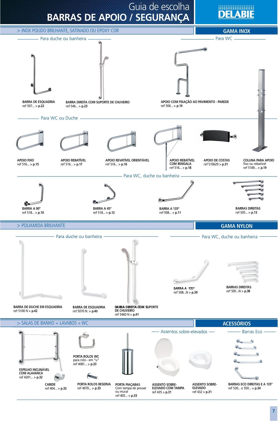 .. > p.16 APOIO REBATÍVEL COM BENGALA ref 516... > p.18 APOIO DE COSTAS ref 510629 > p.31 COLUNA PARA APOIO fixo ou rebatível ref 5169... > p.19 Para WC, duche ou banheira BARRA A 90º ref 518... > p.10 BARRA A 45º ref 518.