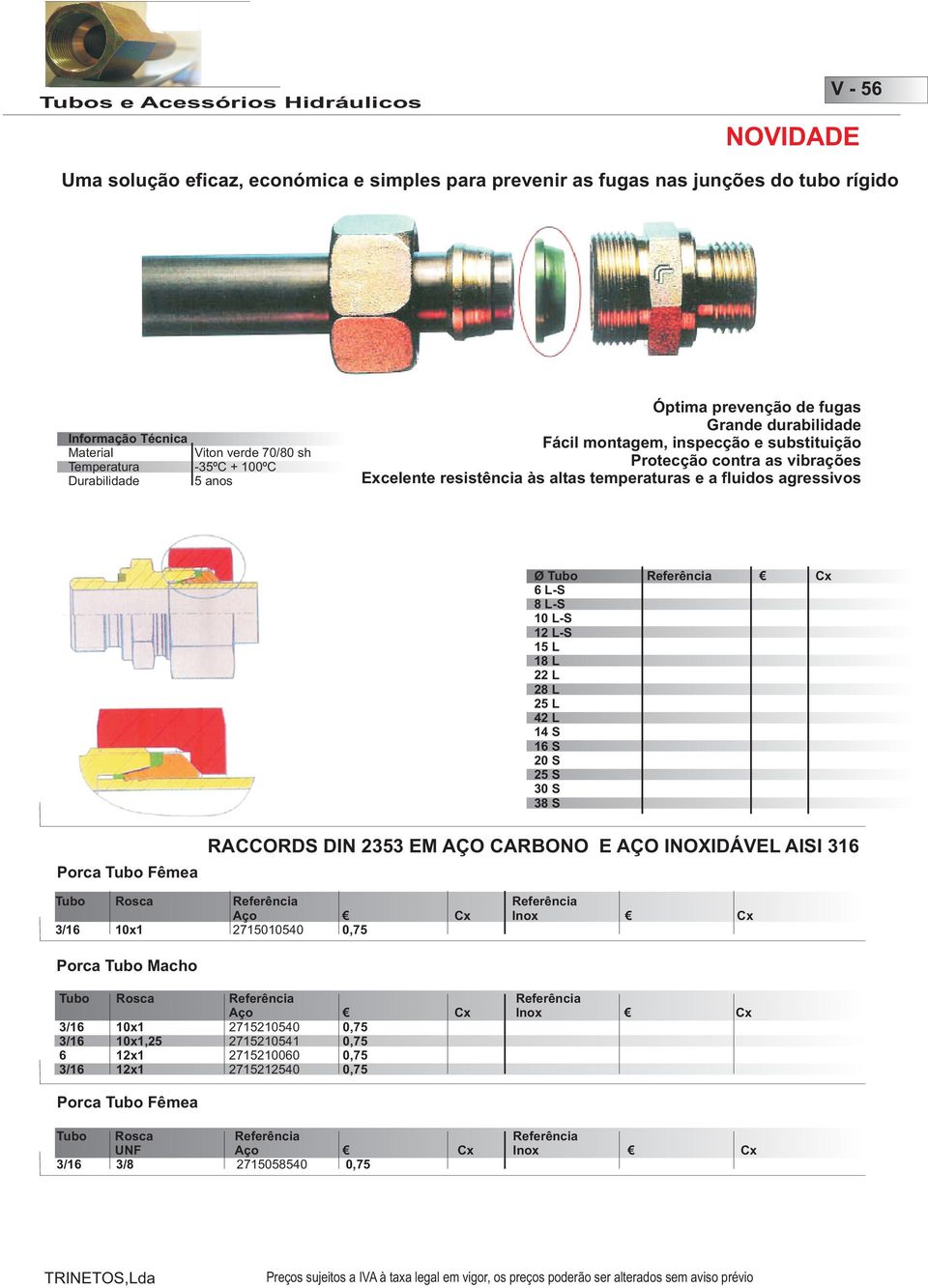 resistência às altas temperaturas e a fluidos agressivos Cx -S 8 L-S 10 L-S 12 L-S 15 L 18 L 25 L 1 Porca Tubo Fêmea Tubo Rosca 3/16 10x1 2715010540 0,75 Porca Tubo