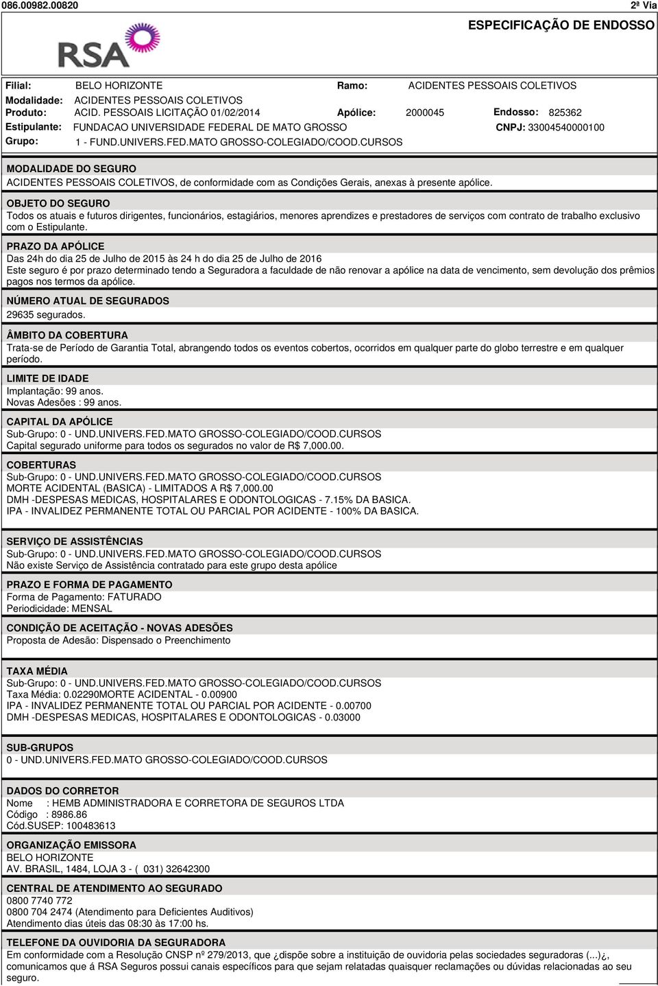 CURSOS MODALIDADE DO SEGURO ACIDENTES PESSOAIS COLETIVOS, de conformidade com as Condições Gerais, anexas à presente apólice.