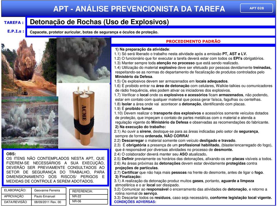 DOS RISCOS/ PERIGOS E MEDIDAS DE CONTROLE A SEREM ADOTADOS. ELABORAÇÃO: APROVAÇÃO Geovanne Ferreira Paulo Emanuel DATA/REVISÃO 08/09/2011 Rev.