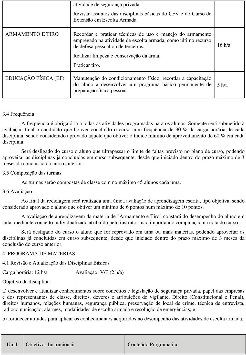 Praticar tiro. Manutenção do condicionamento físico, recordar a capacitação do aluno a desenvolver um programa básico permanente de preparação física pessoal. 16 h/a 5 h/a 3.