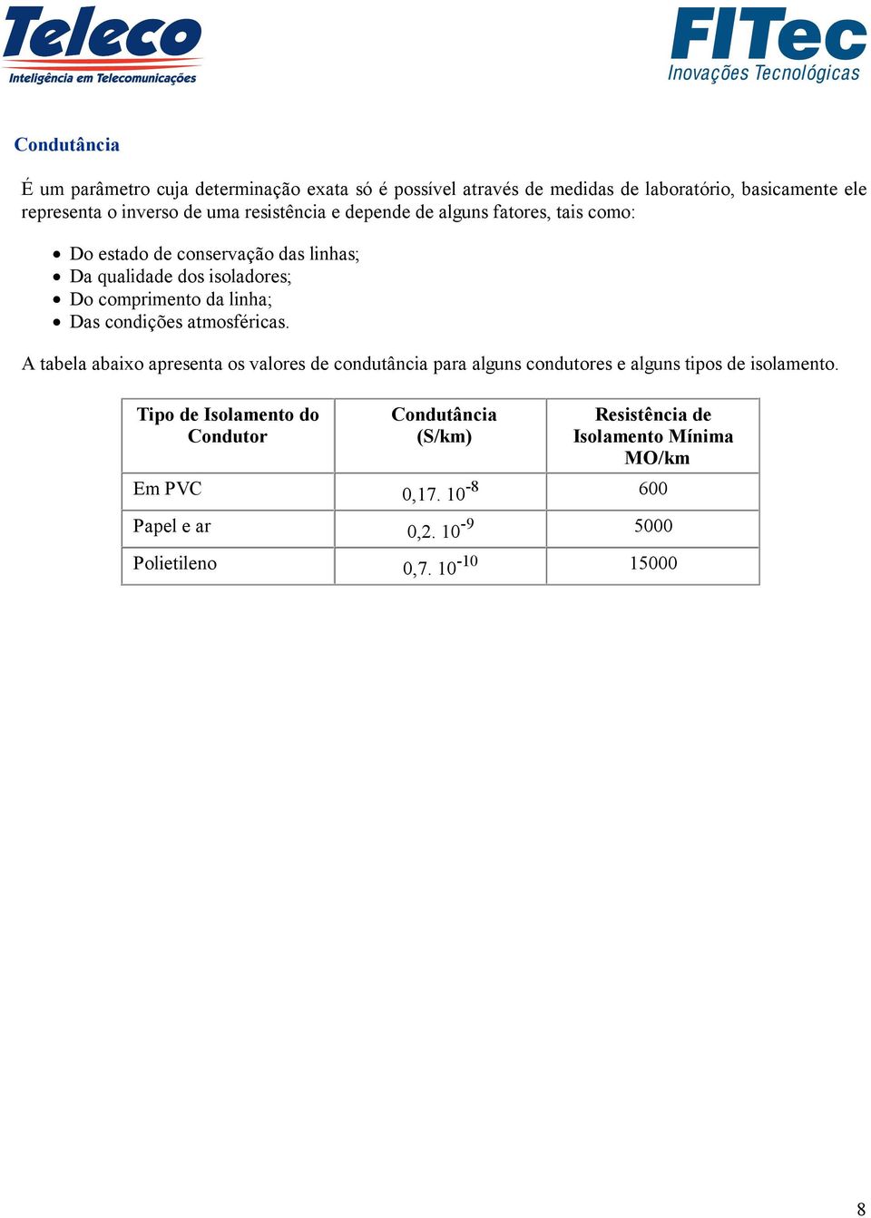 condições atmosféricas. A tabela abaixo apresenta os valores de condutância para alguns condutores e alguns tipos de isolamento.