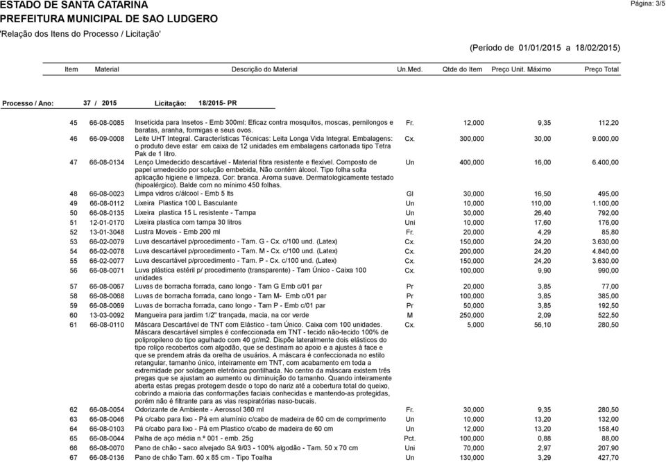 000,00 o produto deve estar em caixa de 12 unidades em embalagens cartonada tipo Tetra Pak de 1 litro. 47 66-08-0134 Lenço Umedecido descartável - Material fibra resistente e flexível.