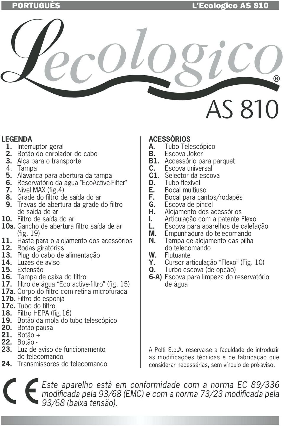 Gancho de abertura filtro saída de ar (fig. 19) 11. Haste para o alojamento dos acessórios 12. Rodas giratórias 13. Plug do cabo de alimentação 14. Luzes de aviso 15. Extensão 16.