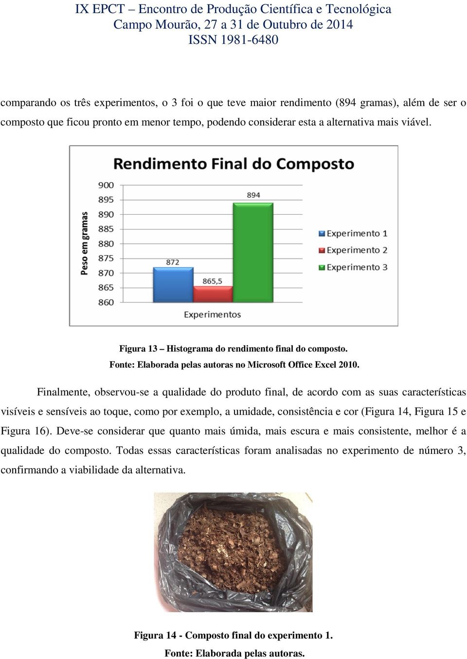 Finalmente, observou-se a qualidade do produto final, de acordo com as suas características visíveis e sensíveis ao toque, como por exemplo, a umidade, consistência e cor (Figura 14, Figura 15 e