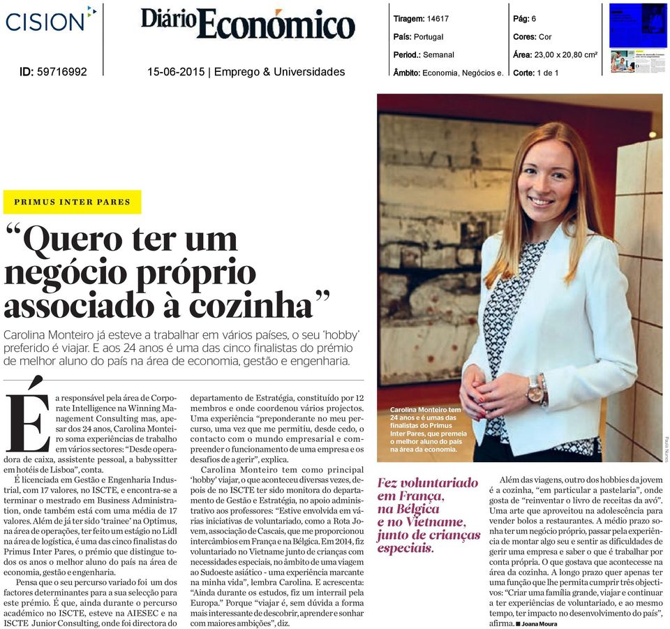 Éa responsável pela área de Corporate Intelligence na Winning Management Consulting mas, apesar dos 24 anos, Carolina Monteiro soma experiências de trabalho em vários sectores: Desde operadora de