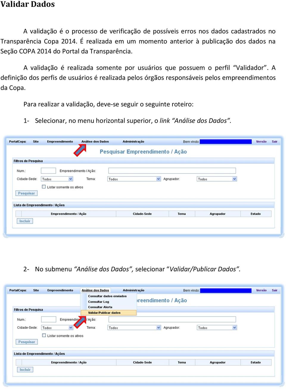 A validação é realizada somente por usuários que possuem o perfil Validador.