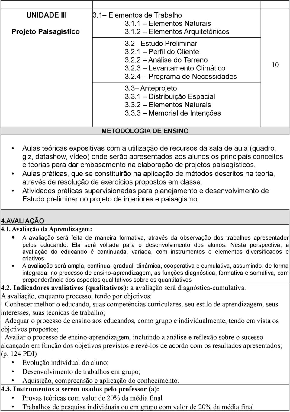 3 Anteprojeto 3.3.1 Distribuição Espacial 3.3.2 Elementos Naturais 3.3.3 Memorial de Intenções 10 METODOLOGIA DE ENSINO Aulas teóricas expositivas com a utilização de recursos da sala de aula