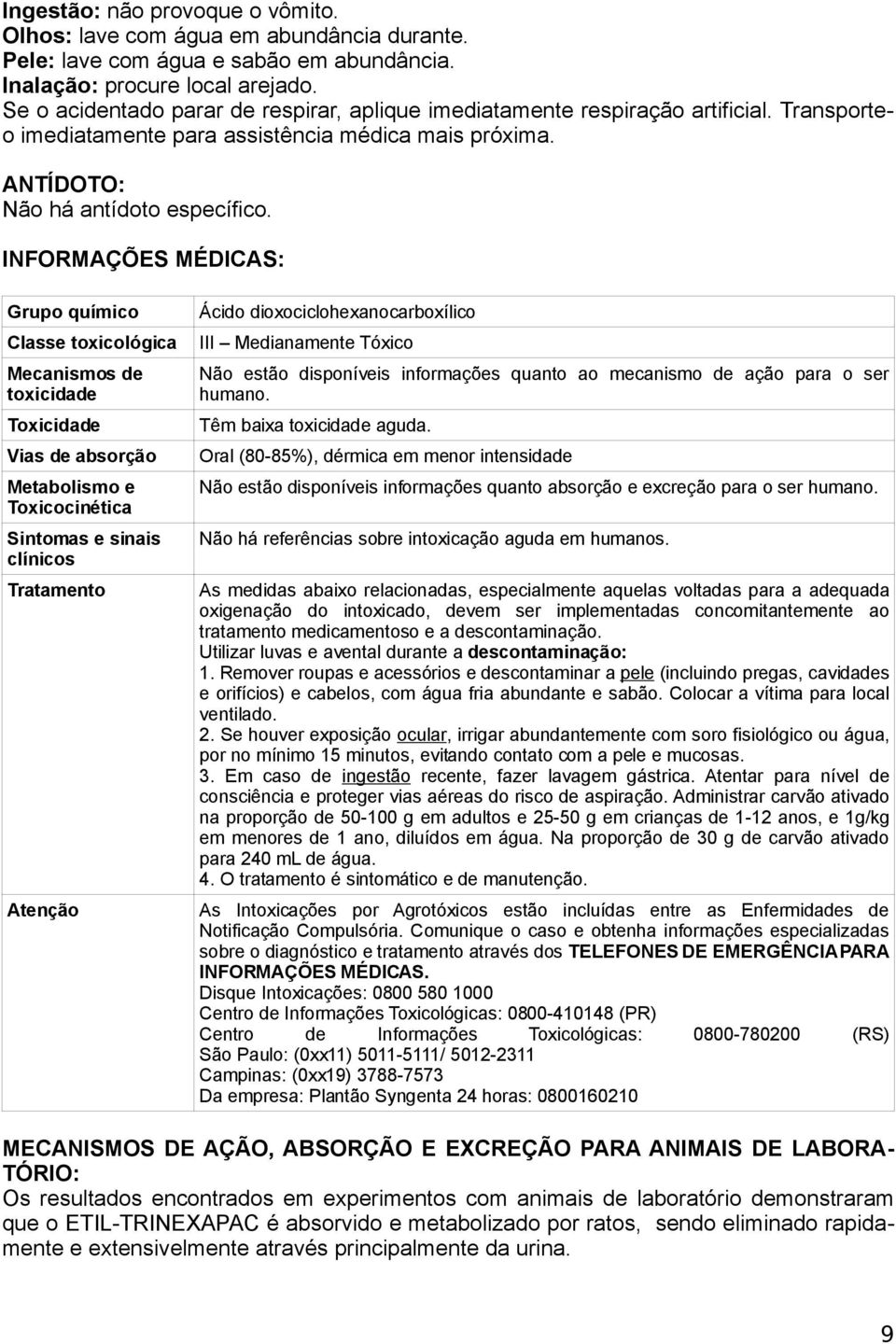 INFORMAÇÕES MÉDICAS: Grupo químico Classe toxicológica Mecanismos de toxicidade Toxicidade Vias de absorção Metabolismo e Toxicocinética Sintomas e sinais clínicos Tratamento Atenção Ácido