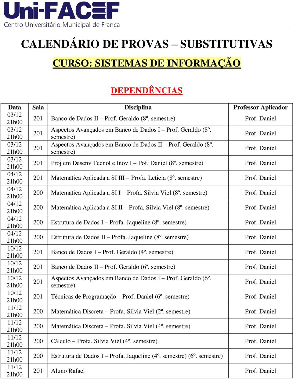 Daniel (8º. semestre) Prof. Daniel 04/12 201 Matemática Aplicada a SI III Profa. Leticia (8º. semestre) Prof. Daniel 04/12 200 Matemática Aplicada a SI I Profa. Silvia Viel (8º. semestre) Prof. Daniel 04/12 200 Matemática Aplicada a SI II Profa.