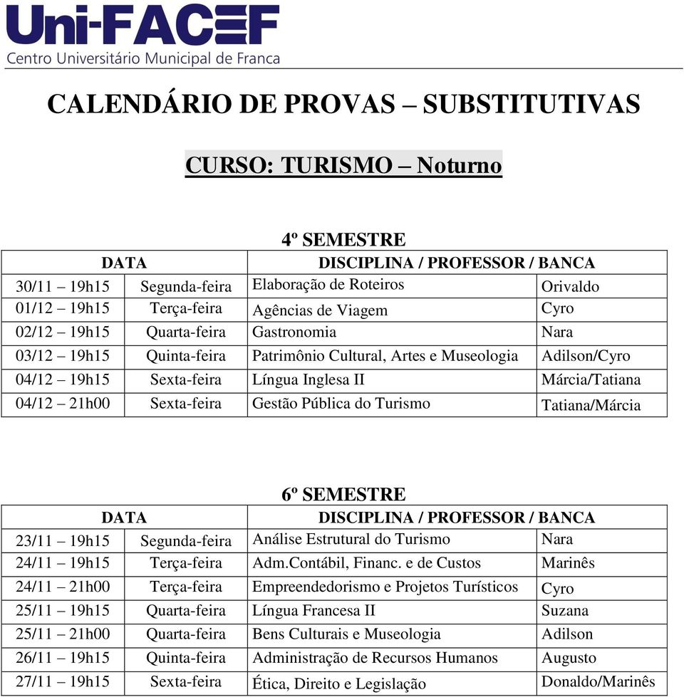 do Turismo Tatiana/Márcia / PROFESSOR / BANCA 23/11 19h15 Segunda-feira Análise Estrutural do Turismo Nara 24/11 19h15 Terça-feira Adm.Contábil, Financ.