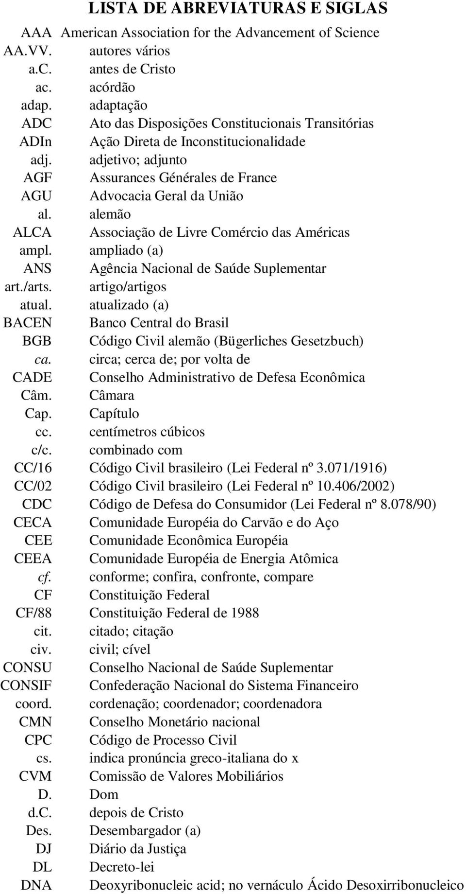 alemão ALCA Associação de Livre Comércio das Américas ampl. ampliado (a) ANS Agência Nacional de Saúde Suplementar art./arts. artigo/artigos atual.