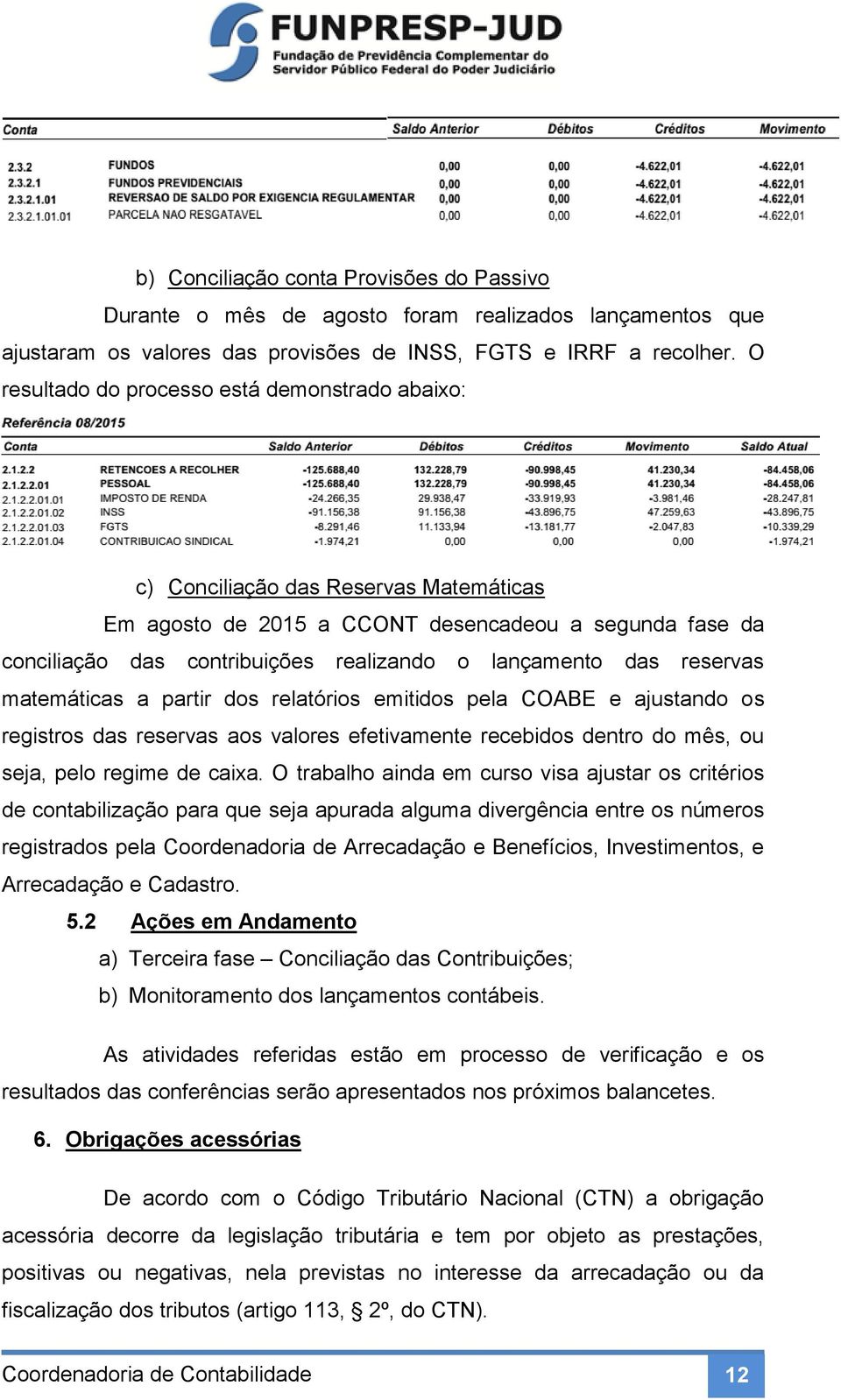 das reservas matemáticas a partir dos relatórios emitidos pela COABE e ajustando os registros das reservas aos valores efetivamente recebidos dentro do mês, ou seja, pelo regime de caixa.