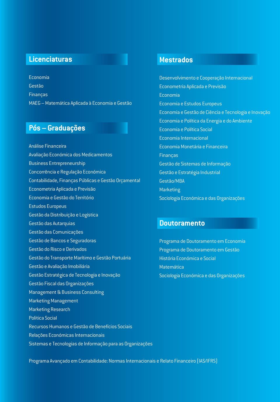 Logística Gestão das Autarquias Gestão das Comunicações Gestão de Bancos e Seguradoras Gestão do Risco e Derivados Gestão do Transporte Marítimo e Gestão Portuária Gestão e Avaliação Imobiliária