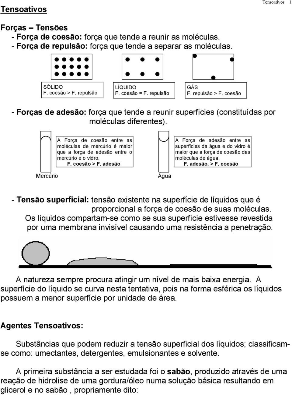 A Força de coesão entre as moléculas de mercúrio é maior que a força de adesão entre o mercúrio e o vidro. F. coesão > F.