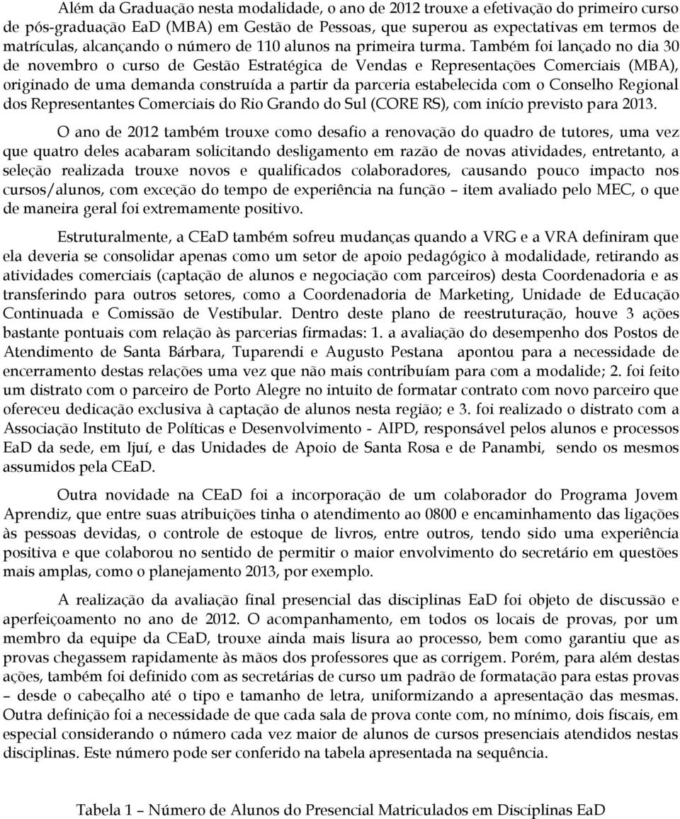 Também foi lançado no dia 0 de novembro o curso de Gestão Estratégica de Vendas e Representações Comerciais (MBA), originado de uma demanda construída a partir da parceria estabelecida com o Conselho