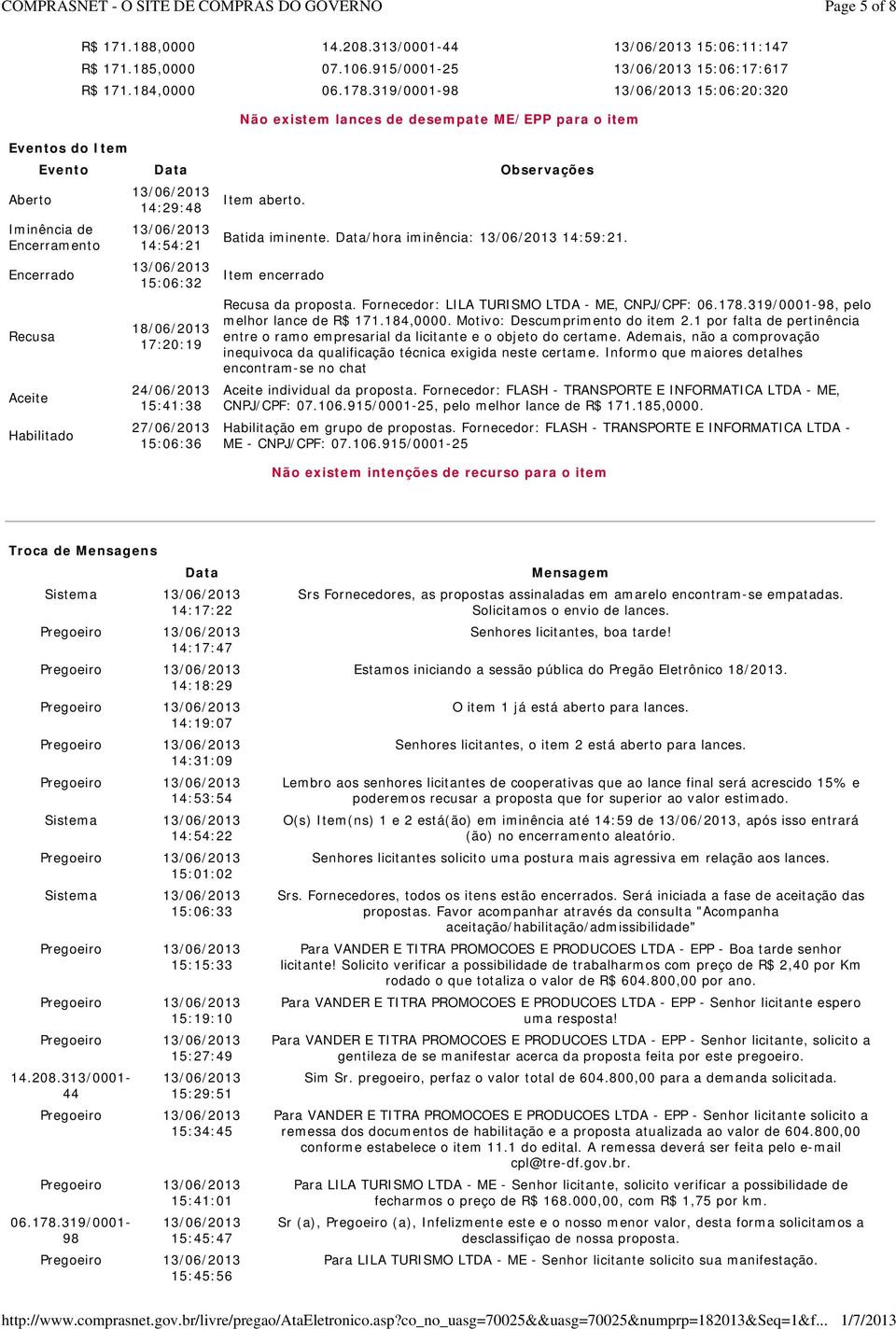 14:54:21 15:06:32 17:20:19 24/06/2013 15:41:38 15:06:36 Item aberto. Batida iminente. Data/hora iminência: 14:59:21. Item encerrado Recusa da proposta.