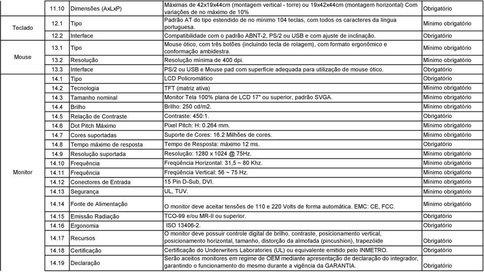 caracteres da língua portuguesa. 12.2 Interface Compatibilidade com o padrão ABNT-2, PS/2 ou USB e com ajuste de inclinação. 13.