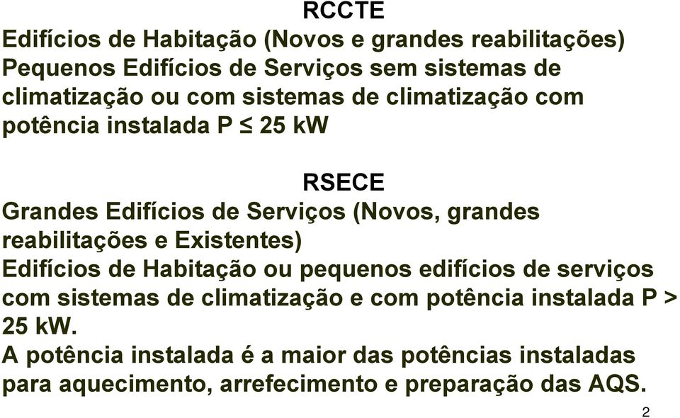 reabilitações e Existentes) Edifícios de Habitação ou pequenos edifícios de serviços com sistemas de climatização e com potência