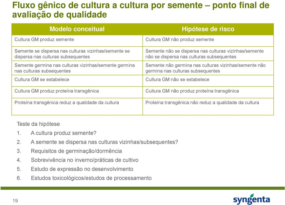 qualidade da cultura Hipótese de risco Cultura GM não produz semente Semente não se dispersa nas culturas vizinhas/semente não se dispersa nas culturas subsequentes Semente não germina nas culturas