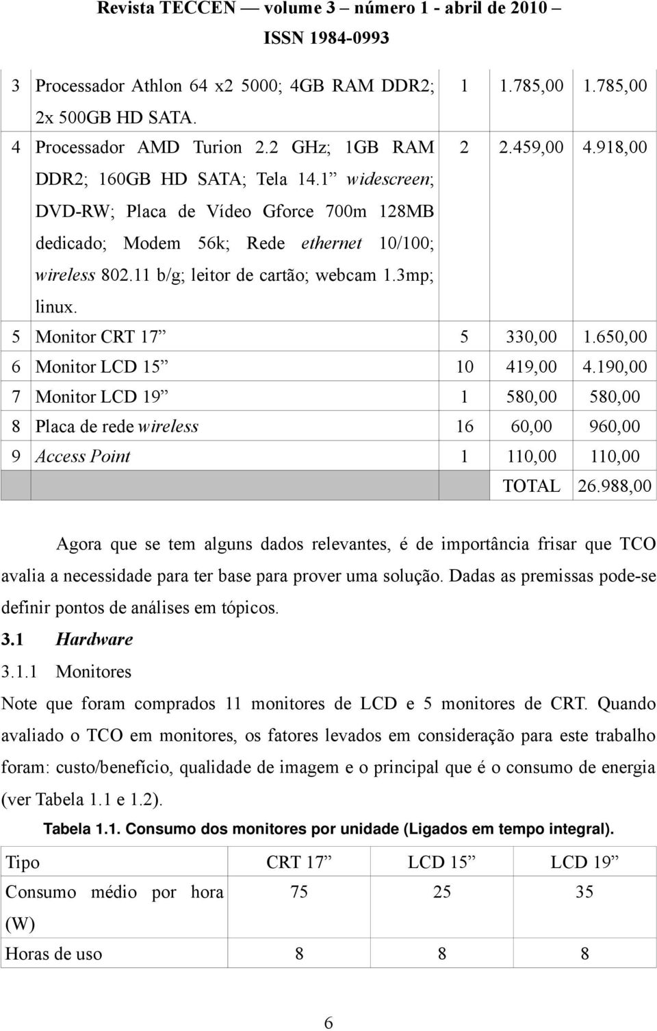 650,00 6 Monitor LCD 15 10 419,00 4.190,00 7 Monitor LCD 19 1 580,00 580,00 8 Placa de rede wireless 16 60,00 960,00 9 Access Point 1 110,00 110,00 TOTAL 26.