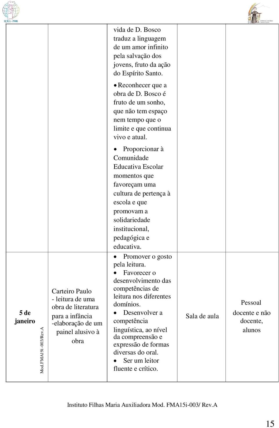 Proporcionar à Comunidade Educativa Escolar momentos que favoreçam uma cultura de pertença à escola e que promovam a solidariedade institucional, pedagógica e educativa. Promover o gosto pela leitura.