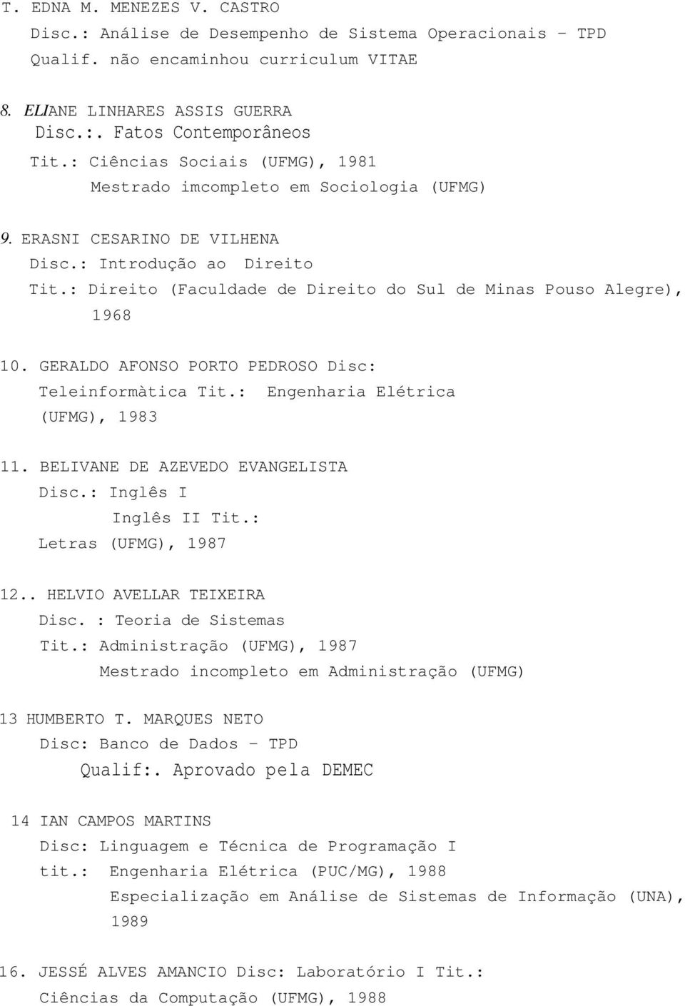 : Direito (Faculdade de Direito do Sul de Minas Pouso Alegre), 1968 10. GERALDO AFONSO PORTO PEDROSO Disc: Teleinformàtica Tit.: Engenharia Elétrica (UFMG), 1983 11.