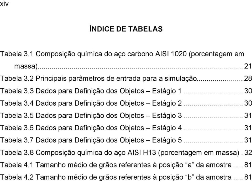 .. 31 Tabela 3.6 Dados para Definição dos Objetos Estágio 4... 31 Tabela 3.7 Dados para Definição dos Objetos Estágio 5... 31 Tabela 3.8 Composição química do aço AISI H13 (porcentagem em massa).