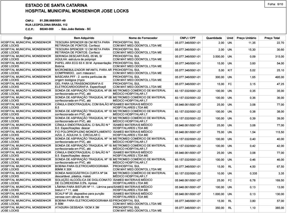 RETIRADA SERINGA AGULHA: estrutura DESCARTÁVEL SPENCER PONTOS. de 12 polipropil CM Confecci 05 RETA ML S/ PARA 3.500,00 2,00 15,30 0,09 315,00 30,60 22,70 PAPEL Bobina.